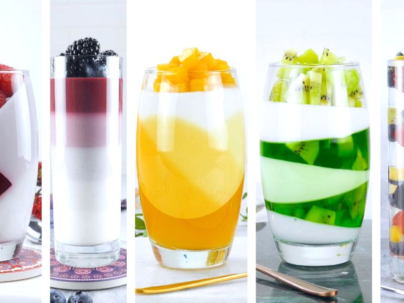 5 postres en capas con frutas que parecen pintados