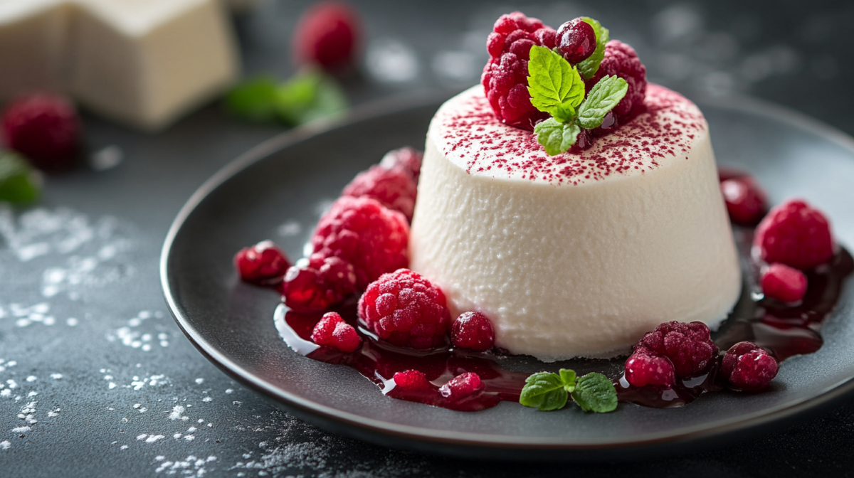 Crema bávara en un plato oscuro, espolvoreada con fruta en polvo y servida con bayas frescas.