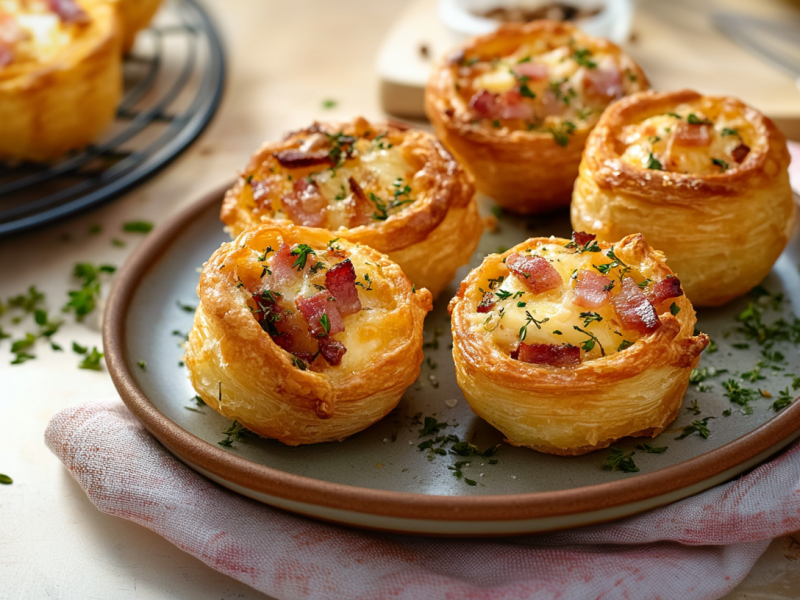 Cinco cruffins con tocino en un plato gris. Los cruffins están rellenos de tocino y queso, y espolvoreados con hierbas. Al fondo, se ven más cruffins en una rejilla.