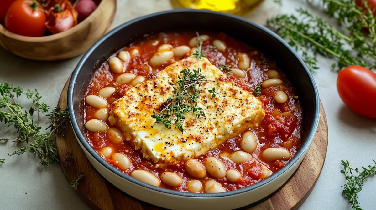 Fuente para horno con feta horneado con frijoles gigantes
