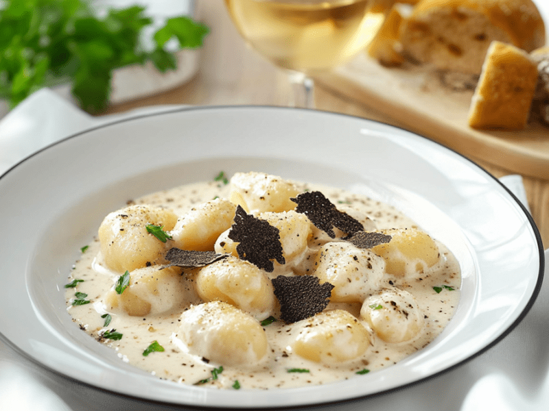 Un plato con una porción de ñoquis con queso de cabra y trufa. Los ñoquis se sirven en una salsa de crema de trufa, refinada con perejil fresco. Además, los ñoquis están adornados con virutas de trufa rallada. Al fondo se ve una tabla de madera con una baguette cortada. El plato está sobre una servilleta de tela blanca y drapeada. También hay un manojo de perejil fresco.