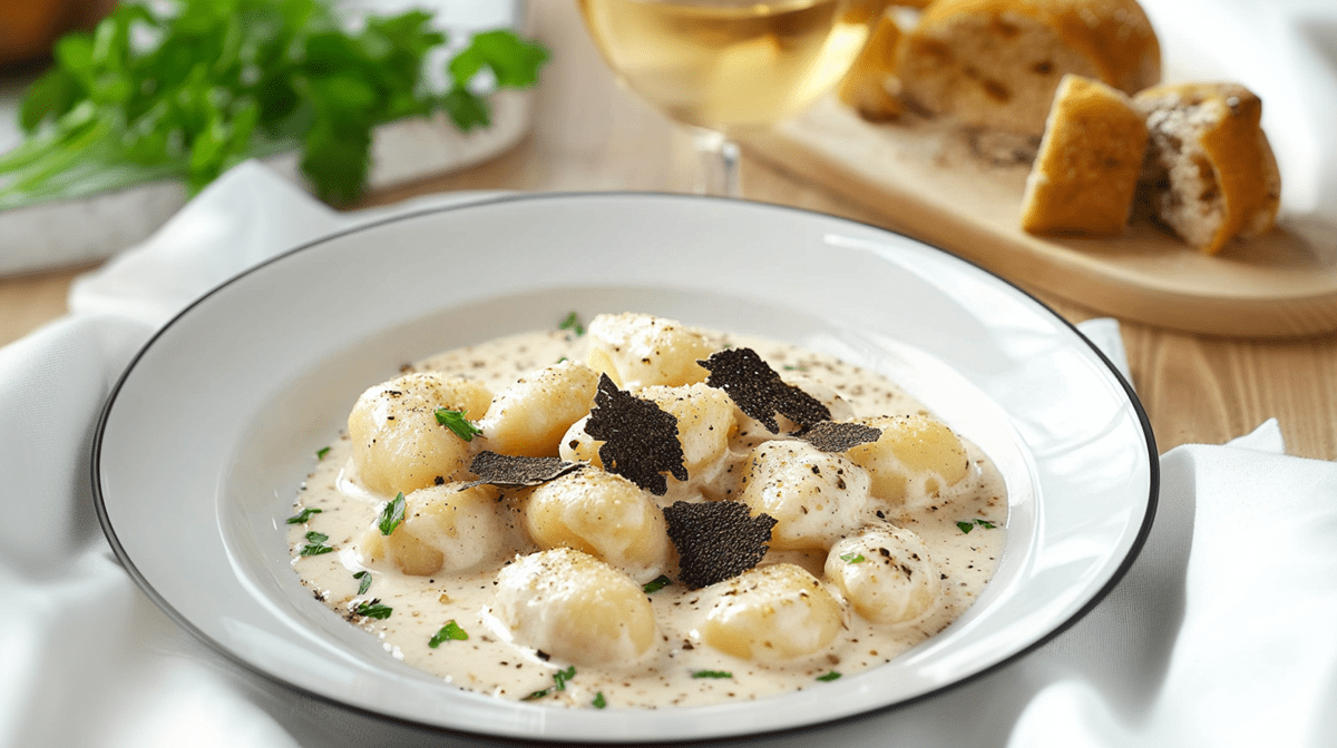 Un plato con una porción de ñoquis con queso de cabra y trufa. Los ñoquis se sirven en una salsa de crema de trufa, refinada con perejil fresco. Además, los ñoquis están adornados con virutas de trufa rallada. Al fondo se ve una tabla de madera con una baguette cortada. El plato está sobre una servilleta de tela blanca y drapeada. También hay un manojo de perejil fresco.