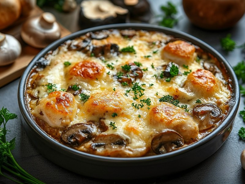 Fuente para horno con gratinado de pollo y champiñones