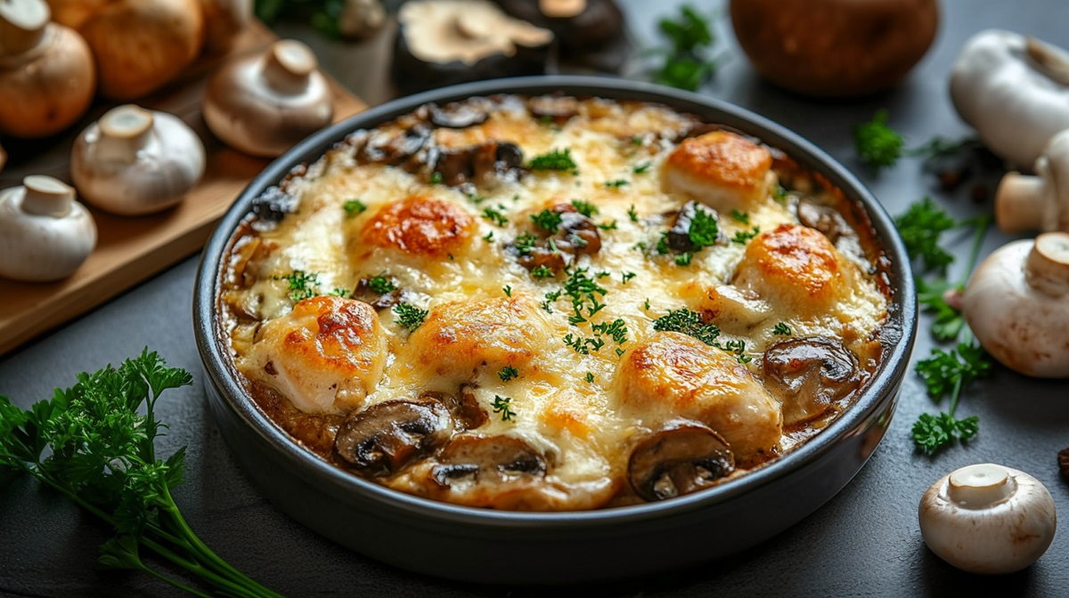 Fuente para horno con gratinado de pollo y champiñones