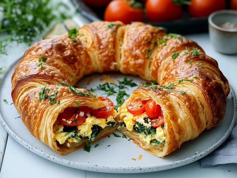 Una corona de croissants salada sobre un plato gris. Al fondo, algunas hierbas frescas y tomates. La corona está rellena de huevos revueltos, tomates, espinacas y cebolletas.