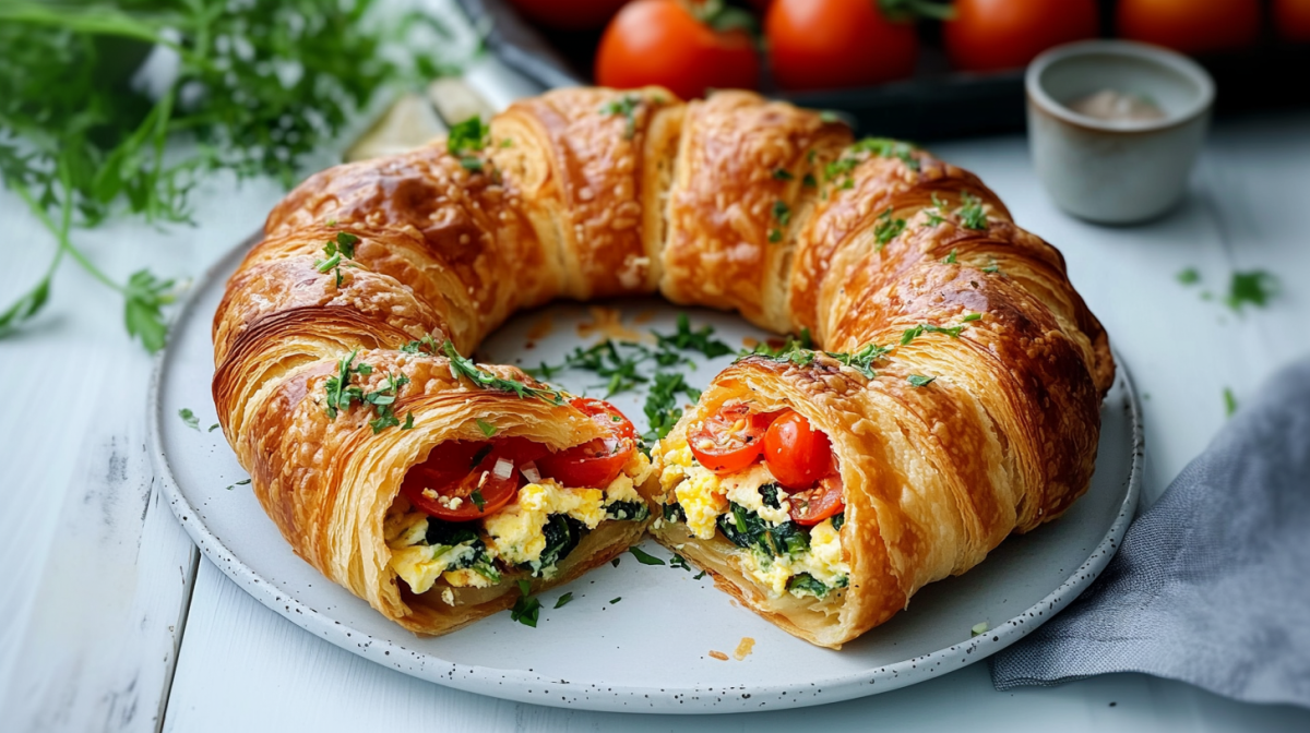 Una corona de croissants salada sobre un plato gris. Al fondo, algunas hierbas frescas y tomates. La corona está rellena de huevos revueltos, tomates, espinacas y cebolletas.