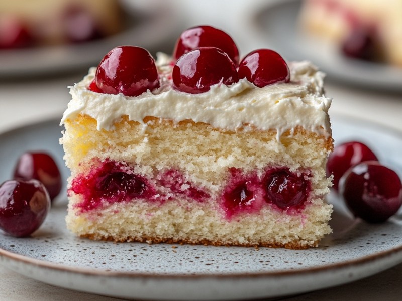 Un trozo de pastel de coco y cereza con cobertura de crema en un plato, decorado con cerezas. Al fondo se ve más pastel desenfocado.