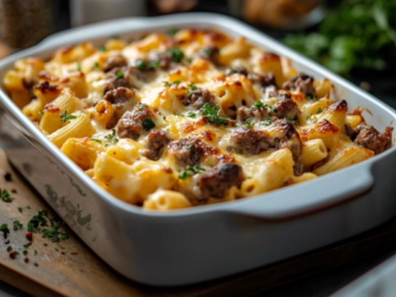 Un pastel de pasta con goulash en una fuente rectangular para hornear.