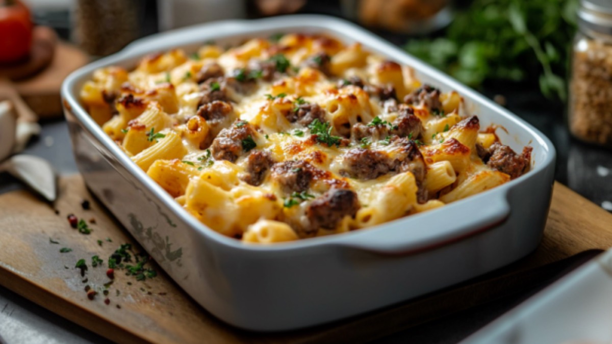 Un pastel de pasta con goulash en una fuente rectangular para hornear.
