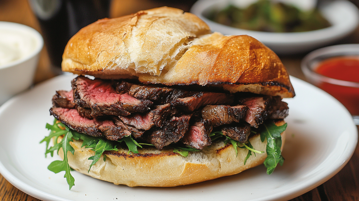Prego no pão: Sándwich de bistec portugués en un plato blanco.