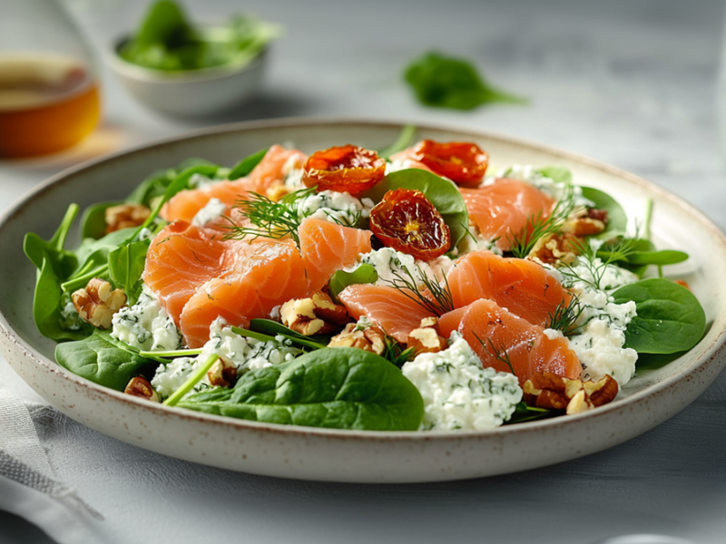 Un plato lleno de ensalada con salmón ahumado y queso cottage, que también contiene tomates secos y nueces pecanas tostadas. Al fondo se puede ver una botella de vinagre. A la izquierda del plato hay un paño de cocina. Alrededor del plato hay hojas de espinaca sueltas.