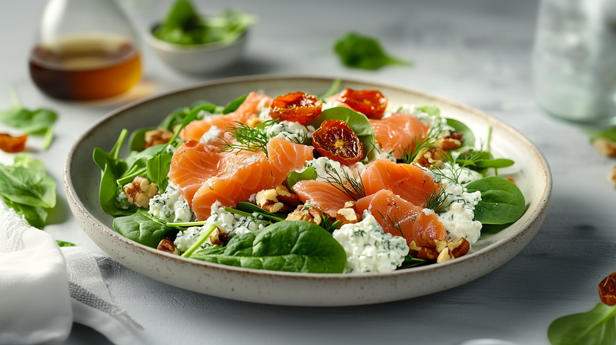 Un plato lleno de ensalada con salmón ahumado y queso cottage, que también contiene tomates secos y nueces pecanas tostadas. Al fondo se puede ver una botella de vinagre. A la izquierda del plato hay un paño de cocina. Alrededor del plato hay hojas de espinaca sueltas.