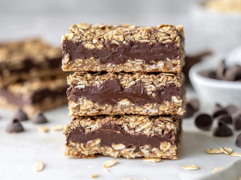 3 barritas de avena y chocolate apiladas una encima de otra, con algunos ingredientes como chocolate y copos de avena desenfocados al fondo.