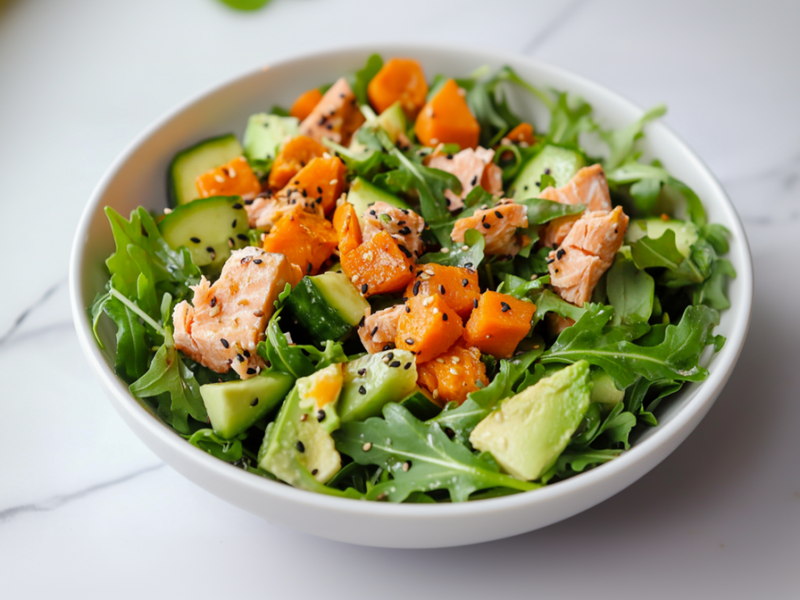 Un plato con ensalada de camote y salmón, que también contiene rúcula, aguacate y pepinos, y está aderezado con sésamo. El plato está sobre una encimera de mármol.