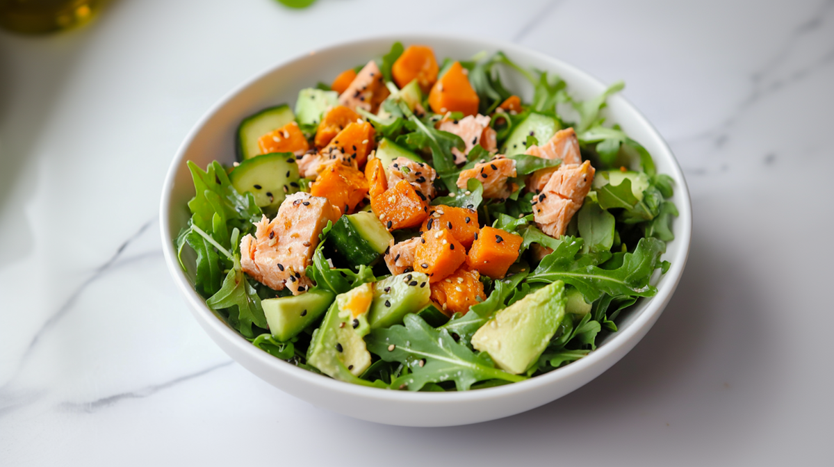 Un plato con ensalada de camote y salmón, que también contiene rúcula, aguacate y pepinos, y está aderezado con sésamo. El plato está sobre una encimera de mármol.