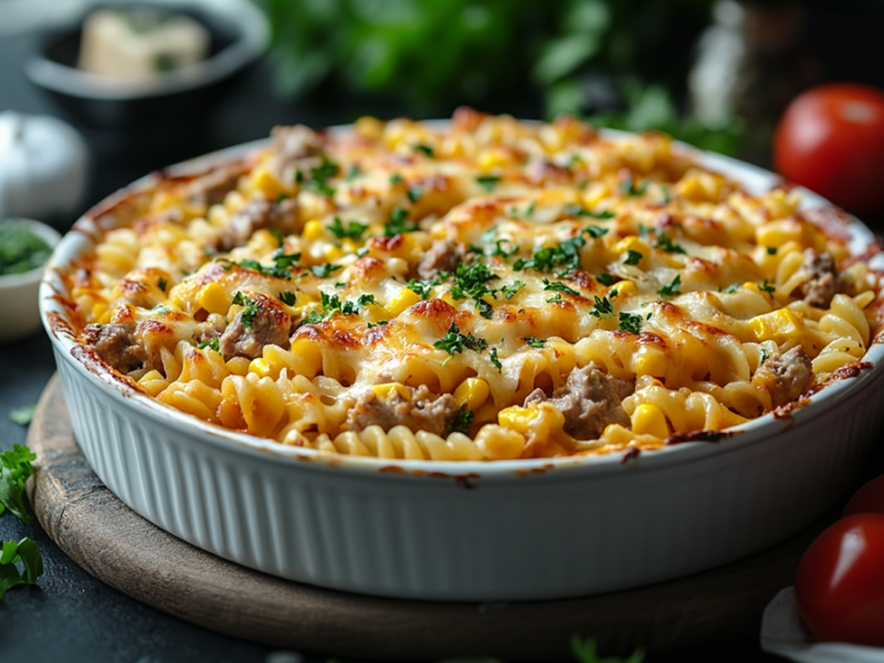 Un molde redondo para hornear con pastel de atún, maíz y pasta, adornado con un poco de perejil fresco picado u otras hierbas picadas. Alrededor del pastel hay tomates y hierbas frescas esparcidas. El molde está sobre una tabla de madera. También se puede ver borrosamente un diente de ajo, un cuenco con un trozo de queso duro y un cuenco con hierbas picadas.