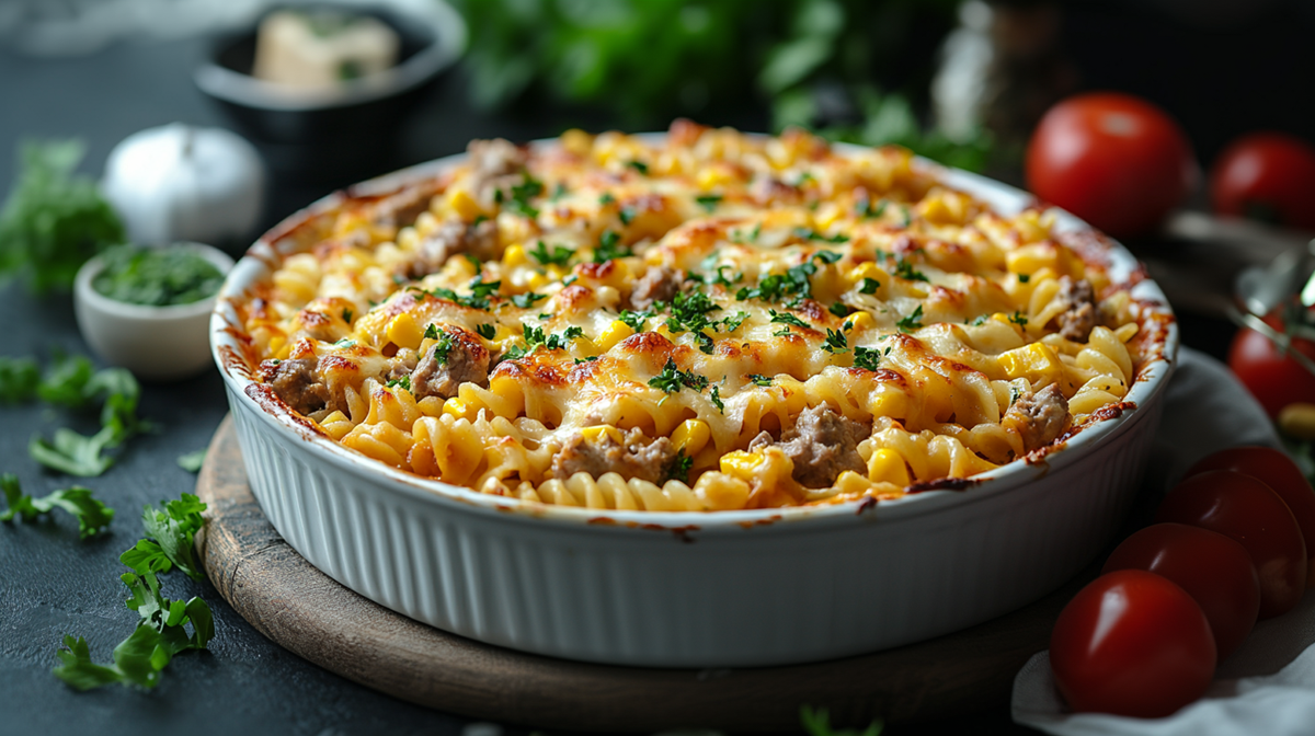 Un molde redondo para hornear con pastel de atún, maíz y pasta, adornado con un poco de perejil fresco picado u otras hierbas picadas. Alrededor del pastel hay tomates y hierbas frescas esparcidas. El molde está sobre una tabla de madera. También se puede ver borrosamente un diente de ajo, un cuenco con un trozo de queso duro y un cuenco con hierbas picadas.