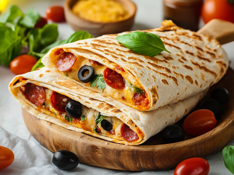 Dos pizzetas de tortilla cortadas por la mitad en una bandeja de madera. Están rellenas de rebanadas de salami, aceitunas y hierbas frescas. Alrededor hay tomates y aceitunas esparcidos. Al fondo se ve albahaca fresca y un tazón con queso cheddar rallado.