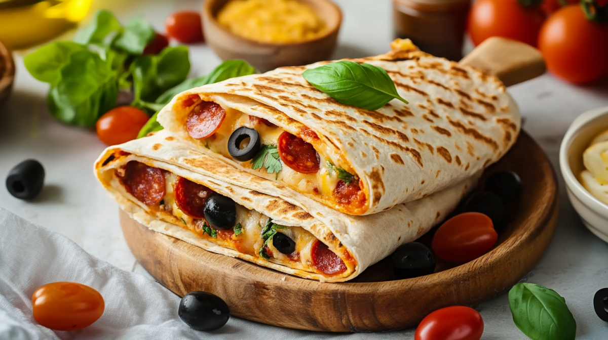 Dos pizzetas de tortilla cortadas por la mitad en una bandeja de madera. Están rellenas de rebanadas de salami, aceitunas y hierbas frescas. Alrededor hay tomates y aceitunas esparcidos. Al fondo se ve albahaca fresca y un tazón con queso cheddar rallado.