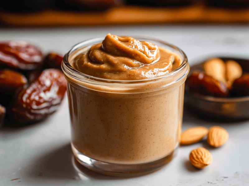 Un tarro de cristal con caramelo vegano de dátiles. Al fondo, se ven algunos dátiles. Junto al tarro de caramelo de dátiles hay unas cuantas almendras sueltas. También hay un cuenco pequeño con algunas almendras y dátiles sueltos.
