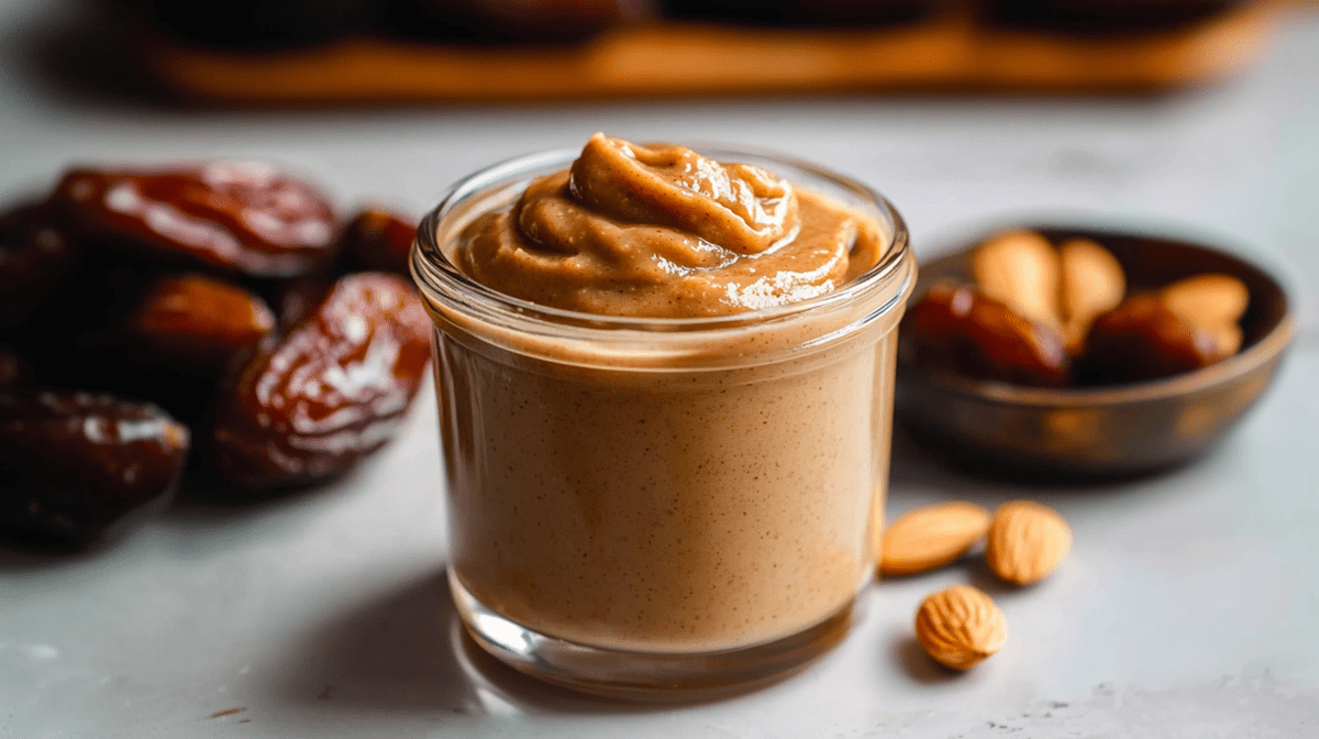 Un tarro de cristal con caramelo vegano de dátiles. Al fondo, se ven algunos dátiles. Junto al tarro de caramelo de dátiles hay unas cuantas almendras sueltas. También hay un cuenco pequeño con algunas almendras y dátiles sueltos.