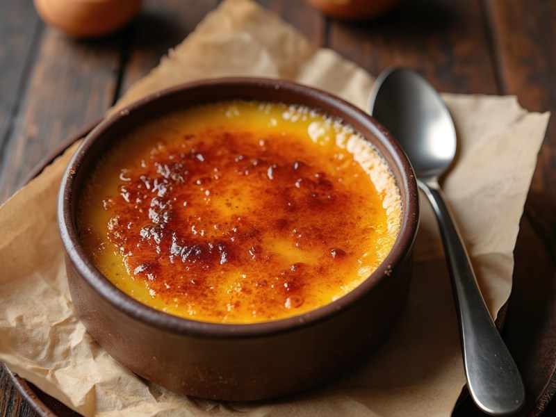 Una taza de crème brûlée con la superficie caramelizada.