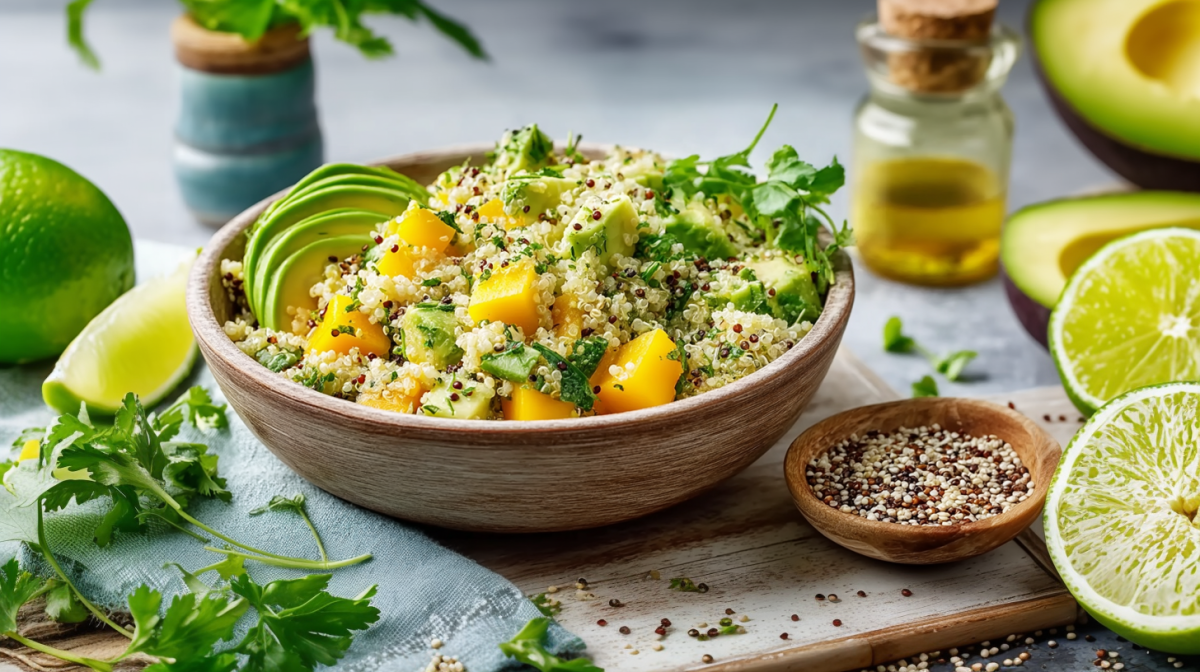 Un tazón con ensalada de quinoa y aguacate está sobre una base de madera sobre un fondo gris. A la izquierda del tazón hay perejil fresco, una rodaja de lima y una lima. A la derecha del tazón hay un plato pequeño con quinoa, media lima, medio aguacate y una botella de aceite al fondo.