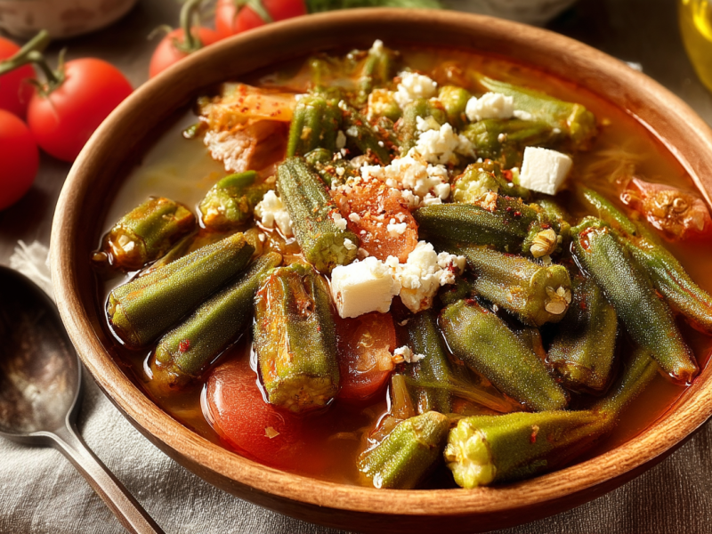 Un tazón de barro con bamies laderes: estofado griego de okra.