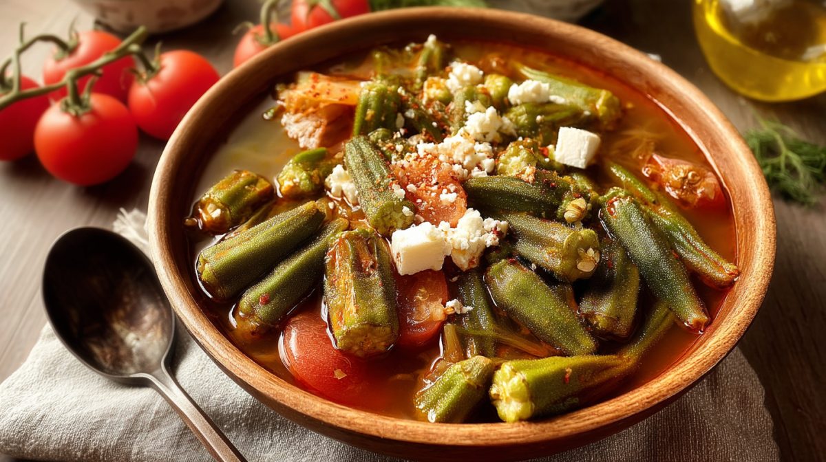 Un tazón de barro con bamies laderes: estofado griego de okra.