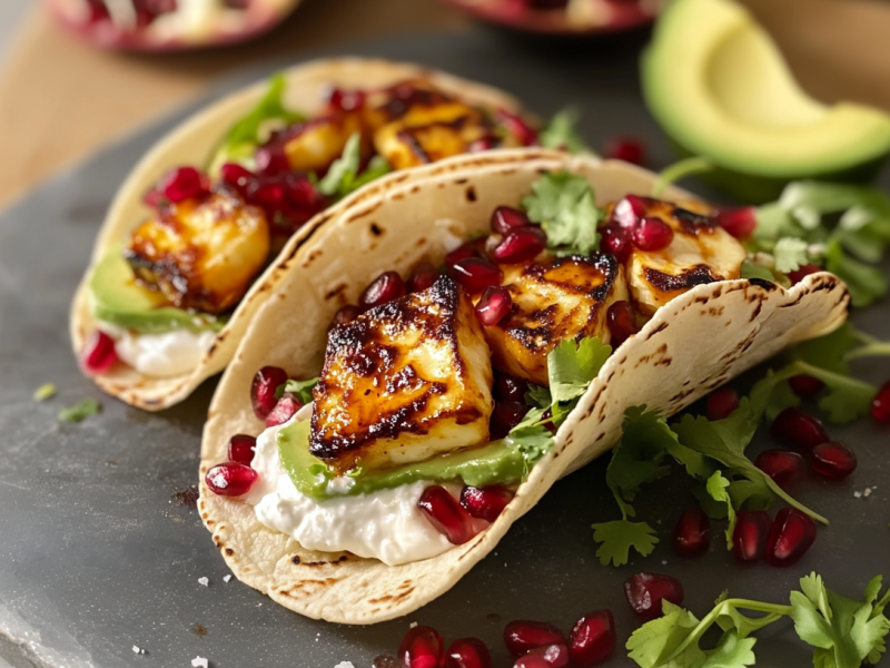 Dos tacos de halloumi en un plato gris. A su lado hay algunas semillas de granada y hierbas frescas. Al fondo hay un aguacate cortado y una granada abierta.