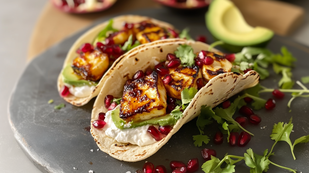 Dos tacos de halloumi en un plato gris. A su lado hay algunas semillas de granada y hierbas frescas. Al fondo hay un aguacate cortado y una granada abierta.