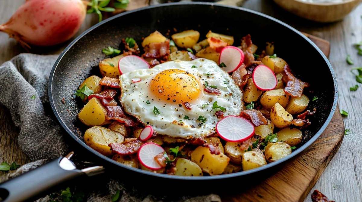 Papas a la sartén con rábanos, tocino y un huevo frito