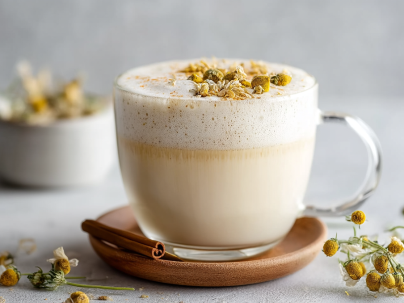 Un vaso de vidrio con latte de manzanilla. La bebida está decorada con flores de manzanilla secas. El vaso está sobre un posavasos de madera, sobre el cual hay una rama de canela. Además, hay ramitas frescas de una planta de manzanilla esparcidas alrededor.