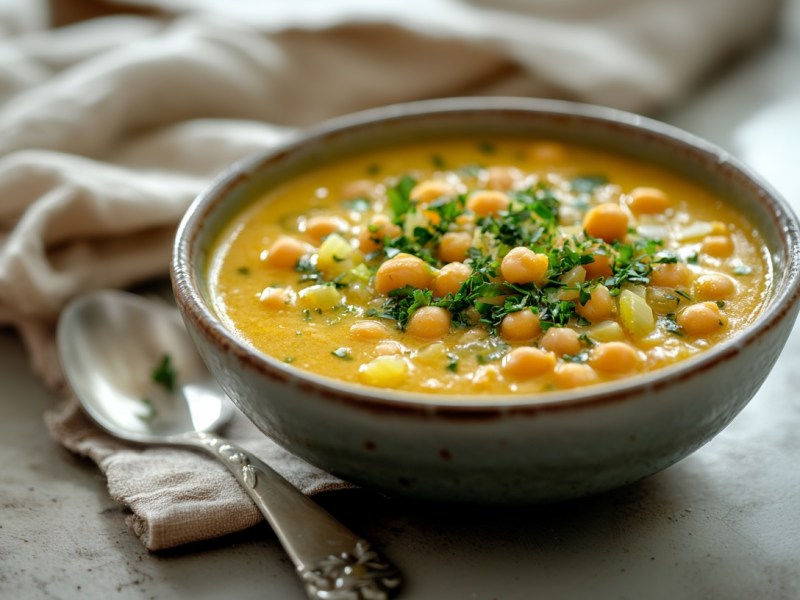 Un bol de curry de puerros con garbanzos, espolvoreado con cilantro. Al lado, una cuchara y una servilleta de tela.