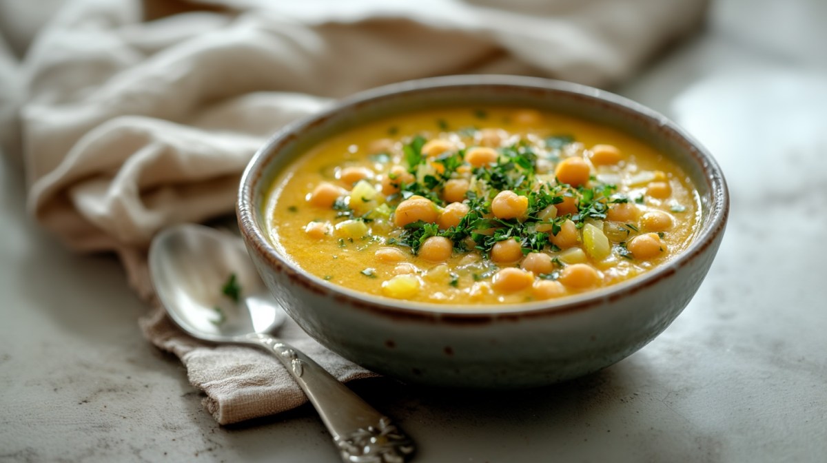 Un bol de curry de puerros con garbanzos, espolvoreado con cilantro. Al lado, una cuchara y una servilleta de tela.