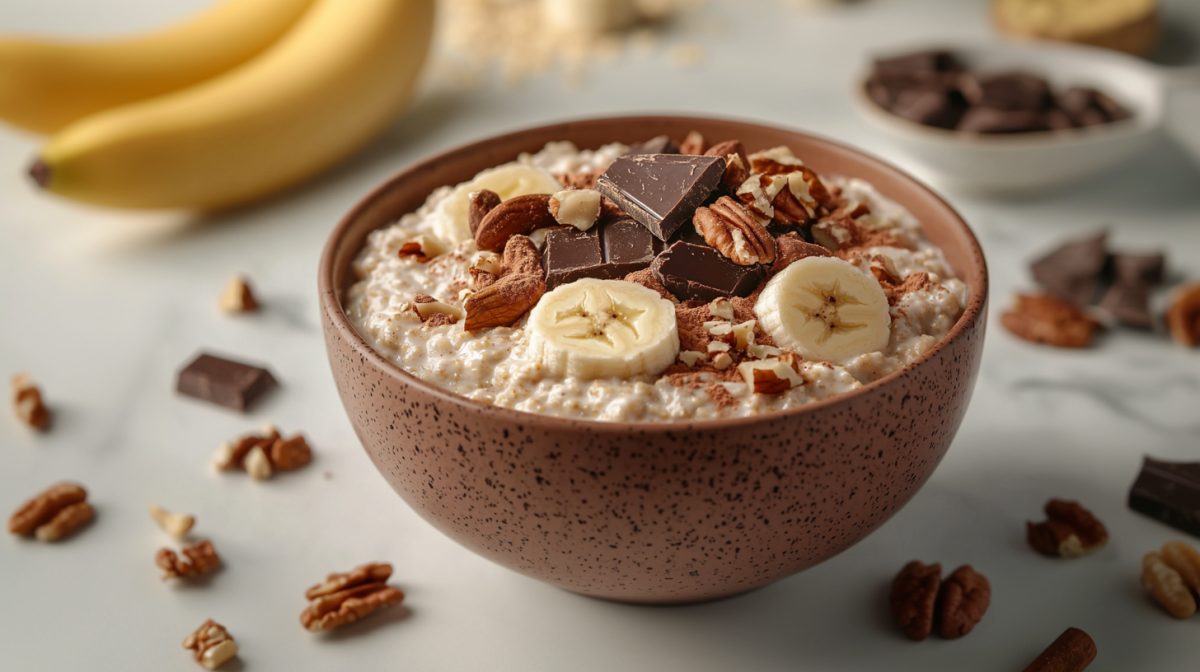 Un bol de porridge para microondas sobre una mesa blanca. Está aderezado con rodajas de plátano, nueces y chocolate rallado. Alrededor del bol hay nueces y trozos de chocolate. Al fondo a la izquierda hay dos plátanos. Al fondo, en el centro, más copos de avena y, a la derecha, un cuenco con chocolate negro.