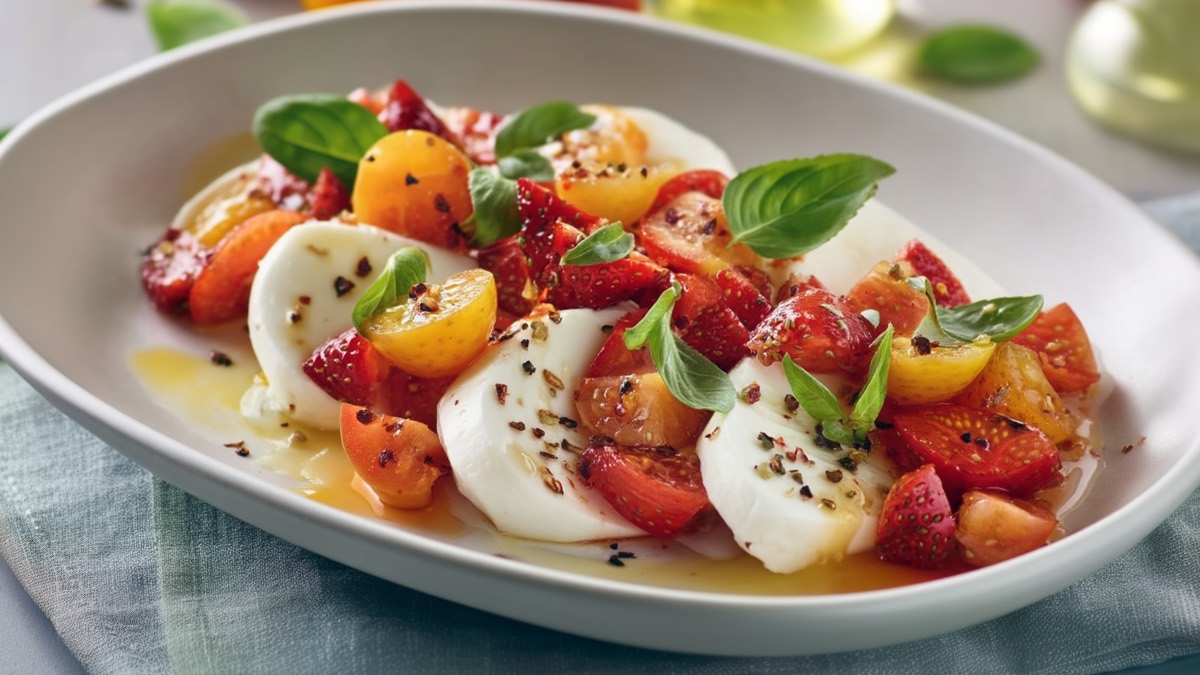 Un plato de mozzarella con salsa de fresa.