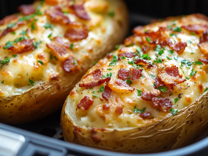 2 mitades de papas al horno con queso, tocino y perejil en una canasta de una freidora de aire. Primer plano.