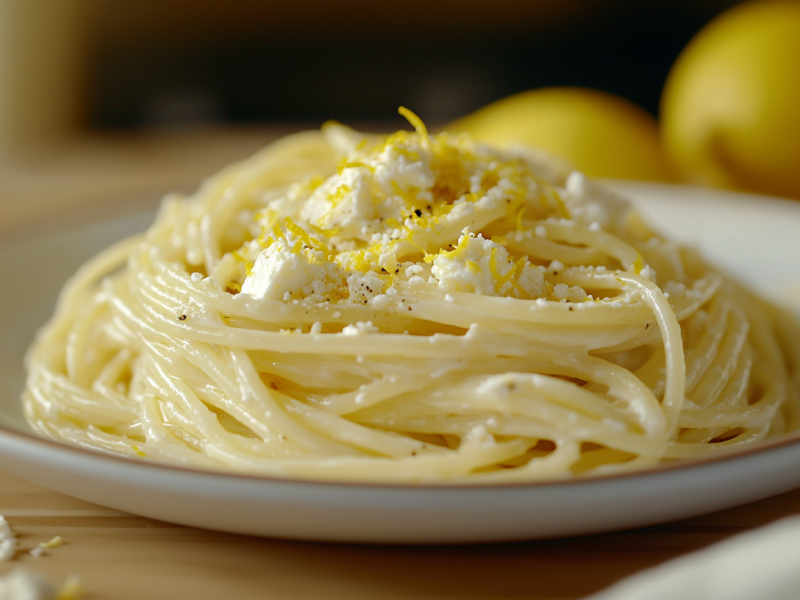 Pasta con feta y limón en un plato blanco. El plato está decorado con ralladura de limón.