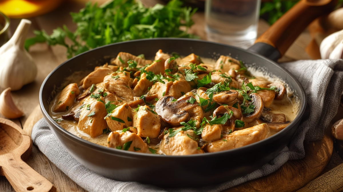 Una sartén con pollo stroganoff sobre un paño de cocina. El platillo está preparado con trozos de pollo, champiñones y perejil fresco. Junto a la sartén hay una cuchara de madera. Al fondo se ven cabezas de ajo y más perejil.