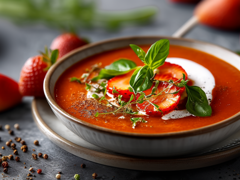 Un plato hondo con sopa de tomate y fresa, adornada con hierbas frescas, rodajas de fresa y un poco de crema. El plato está sobre otro plato. Alrededor hay fresas sueltas y granos de pimienta. Al fondo también se pueden ver tomates y hierbas frescas.