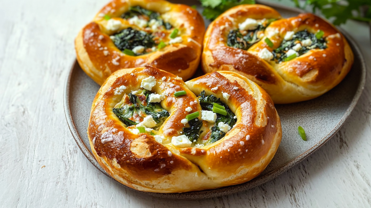 Tres pretzels de espinaca y queso feta reposan sobre un plato gris. Al fondo hay hierbas frescas.