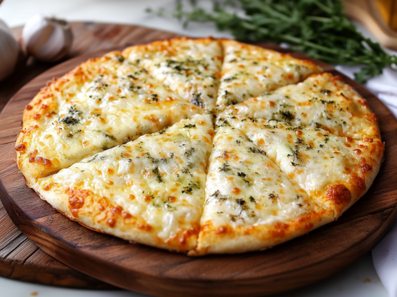 Un pan de ajo de tortilla de trigo sobre una tabla de madera. Al fondo se ven algunos bulbos de ajo, hierbas y una botella de aceite.