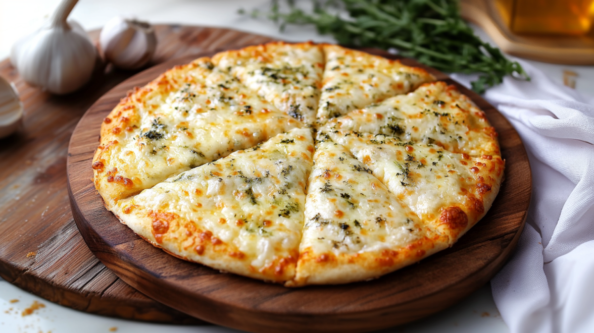 Un pan de ajo de tortilla de trigo sobre una tabla de madera. Al fondo se ven algunos bulbos de ajo, hierbas y una botella de aceite.