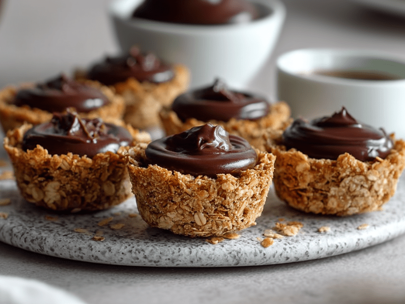 Seis vasitos de granola sin horno están sobre una superficie marmoleada. Están rellenos de una crema de chocolate. Al fondo se ve un tazón con la crema de chocolate y una taza de café.