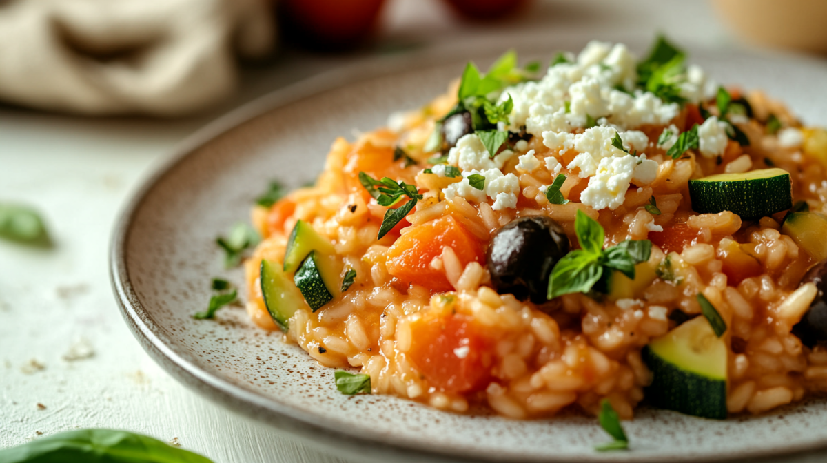 Arroz rojo con calabacín, feta y aceitunas en un plato, espolvoreado con perejil, visto de cerca.