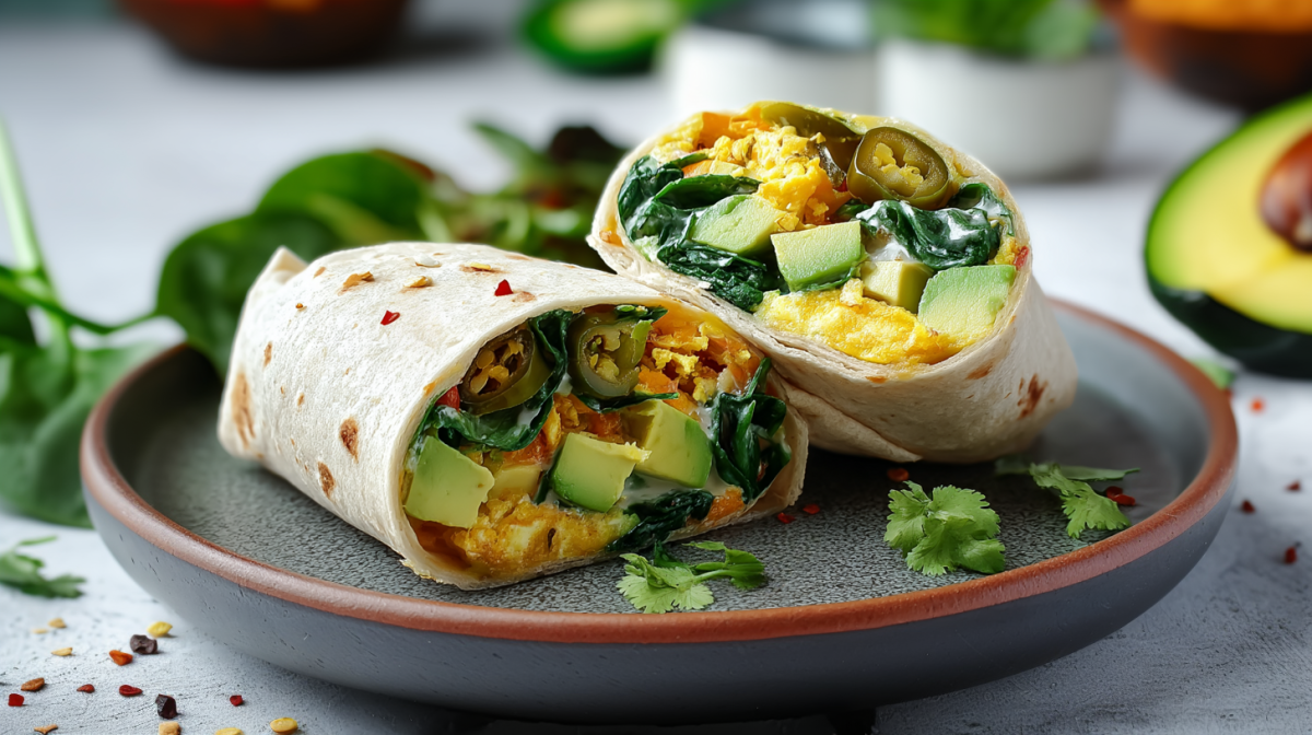 Dos burritos con jalapeños y aguacate para desayunar en un plato gris. Al fondo se ven espinacas frescas y un aguacate cortado.