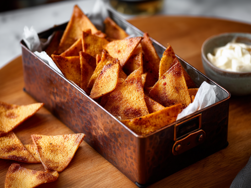 Hacer chips de lentejas en casa: chips de lentejas en una lata de metal.