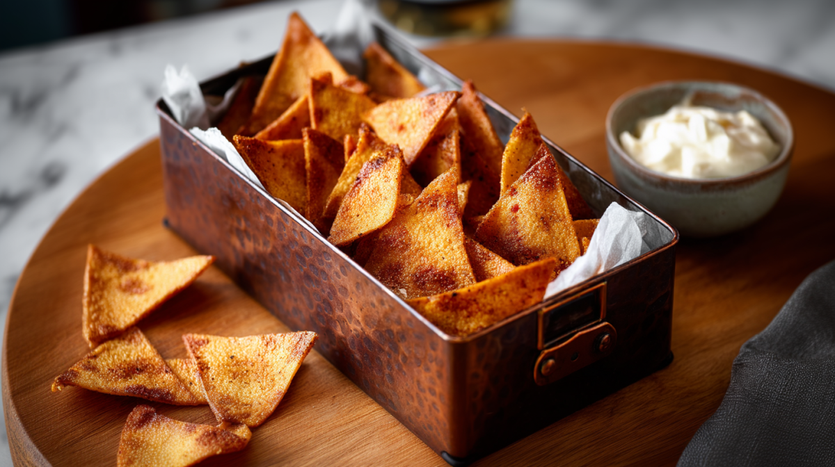 Hacer chips de lentejas en casa: chips de lentejas en una lata de metal.