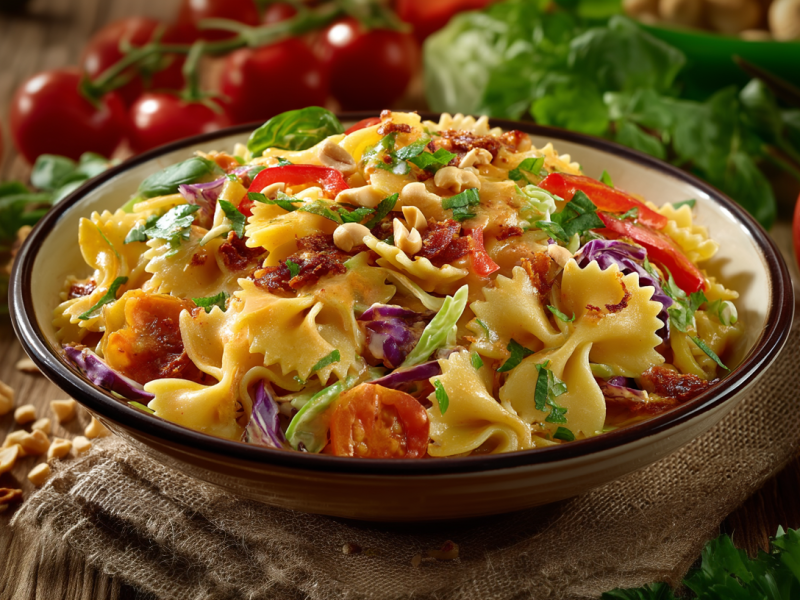Un tazón con ensalada de pasta con mantequilla de almendras sobre un paño marrón en una mesa de madera. Alrededor del tazón hay algunos ingredientes, como cacahuates, tomates, lechuga y un poco más de pasta.